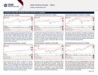 TECHNICAL ANALYSIS: QE INDEX AND KEY STOCKS TO CONSIDER
QE Index: Short-Term – Pull Back

Al Rayan Islamic Index: Short-Term – Pull Back

Qatar Electricity & Water Co.: Short-Term – Pull Back

The QE Index witnessed sustained selling pressure for the second
consecutive day and penetrated below 10,300.0 to close at 10,283.0.
The index formed a bearish Marubozu candle pattern, indicating
weakness at the current level. If the index moves below 10,250.0, it
may fall further to test the 10,233.5 level. However, on the flip side,
an upmove above 10,300.0 may attract buyers. Meanwhile, both the
RSI and the MACD are bearish.

The QERI Index momentarily moved above the 2,985.84 level, but
failed to cling on to it and declined around 8 points (-0.25%) to close
the session at 2,980.89. We believe the bears will continue to
dominate the bulls and push prices lower toward 2,952.87. Further,
the RSI is in downtrend mode, indicating weakness in the index.
However, if the index manages to close above 2,985.84, the index
may resume its uptrend.

After failing to breach the resistance of QR169.80 on Wednesday,
QEWS declined around 0.53% to close the session at QR168.10. The
stock developed a bearish Marubozu Candle pattern, which indicates
that the stock may remain weak in the short-term. With the RSI and
the MACD lines pointing lower, QEWS’ preferred direction appears to
be toward the downside, targeting QR167.0.

Qatari Investors Group: Short-Term – Pull Back

Barwa Real Estate Co.: Short-Term – Bounce Back

Gulf International Services: Short-Term – Pull Back

QIGD penetrated below the support of QR39.50 on Thursday.
Notably, volumes were also high on the decline. The stock fell
drastically by 5.57% and witnessed heavy selling pressure, indicating
continued weakness. We believe this continued weakness may
cause QIGD to breach the QR36.00 level. Meanwhile, the RSI is
beginning to trend lower in the overbought zone. However, if the stock
manages to move above QR39.50 it may attract buyers.

After failing to make an upward progress on Wednesday, BRES
rebounded from the QR28.45 level on Thursday. Traders should
watch out for a breakout above the QR30 level on a closing basis.
The short-term support is now at QAR 28.45. If the price falls below
that level, there is a possibility of a move toward QR27.65.
Meanwhile, the RSI remains relatively overbought, while the MACD
appears to be bullish with no near-term weakness signs.

After consolidating in the range of QR59.80-QR58.50, GISS finally
broke down and breached the support level of QR58.50 as well as the
21-day moving average (currently at QR58.15) in a single swoop.
With both the RSI and the MACD lines trending down, it seems GISS
may drift lower and test its immediate support level of QR57.20. Thus,
the stock’s preferred direction appears downward, until the QR59.80
level is not breached on a closing basis.
Page 1 of 2

 