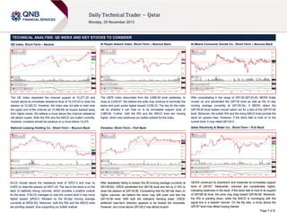 TECHNICAL ANALYSIS: QE INDEX AND KEY STOCKS TO CONSIDER
QE Index: Short-Term – Neutral

Al Rayan Islamic Index: Short-Term – Bounce Back

Al Meera Consumer Goods Co.: Short-Term – Bounce Back

The QE Index respected the channel support at 10,271.25 and
moved above its immediate resistance level of 10,316.03 to close the
session at 10,325.72. However, the index was not able to hold near
the upper end of the channel (at 10,398.46) as buyers backed away
from higher prices. We believe a move above this channel resistance
will attract buyers. Both the RSI and the MACD are bullish currently.
However, investors should be cautious on a move below 10,270.

The QERI index rebounded from the 2,985.84 level yesterday, to
close at 3,026.87. We believe the bulls may continue to dominate the
bears and push prices higher toward 3,036.33. The key for the index
will be whether it can hold on to its immediate support level of
2,985.84. Further, both the RSI and the MACD lines are moving
higher, which only reinforces our bullish outlook for the index.

After consolidating in the range of QR135-QR133.40, MERS finally
moved up and penetrated the QR135 level as well as the 21-day
moving average (currently at QR135.04). If MERS clears the
QR136.40 level traders should watch out for a test of the QR137.60
level. Moreover, the bullish RSI and the rising MACD lines provide the
stock an upward bias. However, if the stock fails to hold on to the
current level, it may retest QR135.0.

National Leasing Holding Co.: Short-Term – Bounce Back

Ooredoo: Short-Term – Pull Back

Qatar Electricity & Water Co.: Short-Term – Pull Back

NLCS moved above the resistance level of QR31.0 and rose by
0.65% to close the session at QR31.20. The rise in the stock is on the
back of relatively strong volumes, which provides a positive outlook
for the stock. If NLCS manages to hold the current level it may move
higher toward QR32.0, followed by the 55-day moving average
(currently at QR32.55). Moreover, both the RSI and the MACD lines
are pointing upward, thus supporting our bullish outlook.

After repeatedly failing to breach the 55-moving average (currently at
QR138.62), ORDS penetrated the QR136 level and fell by 2.18% to
close the session at QR134.90. Considering that the fall has been on
higher volumes, we believe the stock may drift lower and test the
QR133.90 level. With both the indicators trending lower, ORDS’
preferred near-term direction appears to be toward the downside.
However, any move above QR136.0 may attract buyers.

QEWS continued its downtrend and breached its immediate support
level of QR167. Meanwhile, volumes are considerably higher,
indicating weakness in the stock. If the stock fails to hold to its support
of QR166.30 level, the price may drag toward QR164.80. Moreover,
the RSI is pointing down, while the MACD is converging with the
signal line in a bearish manner. On the flip side, a move above the
QR167 level may attract buying interest.
Page 1 of 2

 