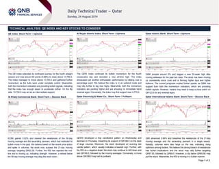 Page 1 of 2
TECHNICAL ANALYSIS: QE INDEX AND KEY STOCKS TO CONSIDER
QE Index: Short-Term – Upmove
The QE Index extended its northward journey for the fourth straight
session and rose around 94 points (0.68%) to close above 13,750.0.
The index managed to move above 13,700.0 and gathered further
momentum as the bulls were under complete control. Meanwhile,
both the momentum indicators are providing bullish signals, indicating
that the index has enough steam to accelerate further. On the flip
side, 13,750.0 may act as an intermediate support.
Al Khalij Commercial Bank: Short-Term – Bounce Back
KCBK gained 0.82% and cleared the resistances of the 55-day
moving average and the ascending pennant, which had restricted its
bullish move in the past. We believe based on the recent price action
and spike in volumes, the stock may surpass the 21-day moving
average, targeting QR22.35. Further, the RSI has rejected the mid-
line and is moving up, indicating strength. However, a retreat below
the 55-day moving average may drag the stock down.
Al Rayan Islamic Index: Short-Term – Uptrend
The QERI Index continued its bullish momentum for the fourth
consecutive day and recorded a new all-time high. The index
showcased yet another enthusiastic performance by rallying over a
percentage point. We believe the index is in an uptrend mode and
may rally further to tag new highs. Meanwhile, both the momentum
indicators are pointing higher and are showing no immediate trend
reversal signs. Conversely, the index may find support near 4,770.0.
Qatar Electricity & Water Co.: Short-Term – Pullback
QEWS developed a Doji candlestick pattern on Wednesday and
declined on Thursday, breaching its support of QR188.0 on the back
of large volumes. Moreover, the stock developed an evening star
candle pattern, which usually indicates a bearish sign. Further, with
the RSI on a negative slope, the stock may continue to drift down and
test QR186.0, followed by the moving averages. Conversely, a move
above QR188.0 may halt its pullback.
Qatar Islamic Bank: Short-Term – Upmove
QIBK jumped around 6% and tagged a new 52-week high after
moving sideways for the past two days. The stock has been moving
up consistently since June and is forming higher tops and higher
bottoms. The current prognosis implies further upside, as QIBK has
support from both the momentum indicators, which are providing
bullish signals. However, traders may need to keep a close watch on
QR123.0 for any reversal signs.
Qatar International Islamic Bank: Short-Term – Bounce Back
QIIK advanced 2.84% and breached the resistances of the 21-day
moving average and the ascending pennant in a single swoop.
Notably, volumes were also large on the rise, indicating rising
optimism among traders. We believe this strong breach of resistances
has bullish implications and the stock may rally further targeting
QR87.50, followed by QR89.0. However, a dip below QR85.90 may
pull the stock. Meanwhile, the RSI is moving in a bullish manner.
 