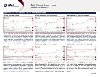 TECHNICAL ANALYSIS: QE INDEX AND KEY STOCKS TO CONSIDER
QE Index: Short-Term – Upmove

Al Rayan Islamic Index: Short-Term – Upmove

Barwa Real Estate Co.: Short-Term – Breakout

The QE Index rose around 45 points (0.43%) for the second
consecutive day to close near its intraday high. The positive
development was that the index rebounded near the 10,400.0 level
and rallied around 99 points from its day’s low. We believe as long as
the index trades above 10,445.44, the upmove may remain intact and
continue to advance. The index faces its immediate resistance near
10,520.0, which if breached, could target the 10,550.0 level.

The QERI Index rallied aggressively around 1.04% and breached its
resistances of 3,071.36 and 3,091.65 in a single swoop, which is a
positive sign for buyers. We believe this strong breach of resistances
has bullish implications and the index may proceed toward its all-time
high of 3,104.60. Moreover, the index has support for a higher move
as indicated by the RSI which is moving higher. However, a dip below
3,091.65 on a closing basis may result in consolidation.

BRES cleared the resistances of QR30.10 and the 21-day moving
average (currently at QR30.35) in a single trading session. The stock
ended its losing streak on Monday and moved higher yesterday
indicating confirmation of this upmove. We believe with the RSI
showing strength, BRES may head higher toward QR30.85. Any
move above this level may spark additional buying interest and push
the stock to test the QR31.20 level.

Commercial Bank of Qatar: Short-Term – Upmove

Qatari Investors Group: Short-Term – Upswing

Qatar Electricity & Water Co.: Short-Term – Upswing

CBQK continued its upmove and moved higher around 0.43%
yesterday. Moreover the stock developed a bullish Marubozu candle
pattern for the second consecutive day indicating a likely higher
move. The stock is currently sitting right at its resistance of QR70.50.
If the stock manages to cling on to this level, a continued rise toward
QR70.90 may be possible. Meanwhile, the RSI is moving up in a
bullish manner indicating the possibility of a further advance.

QIGD respected its support of QR47.0 and rallied around 7.97%
tagging another new all-time high. The recent price action indicates
that QIGD could continue to tag new highs. Moreover, the RSI is
trending strongly in the overbought territory, while the MACD is
moving up in a bullish manner suggesting this rally may continue for a
longer time. Thus, short-term traders may accumulate at the current
level, but must keep a close watch on QR51.0 for any reversal signs.

QEWS respected its support of QR170.90 and moved higher around
3.21%. Notably, volumes were also large indicating potential buyers
stepping in. We believe the stock may continue its upward
momentum and advance higher. Moreover, the RSI and the MACD
lines are pointing higher with no immediate trend reversal signs
indicating strength in the rally, thus supporting our bullish outlook for
the stock.
Page 1 of 2

 