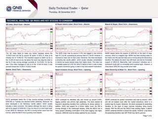 TECHNICAL ANALYSIS: QE INDEX AND KEY STOCKS TO CONSIDER
QE Index: Short-Term – Neutral

Al Rayan Islamic Index: Short-Term – Neutral

Masraf Al Rayan: Short-Term – Downmove

The QE Index failed to make any further headway above the
10,520.0 level and fell by around 36 points (-0.34%) to close at its
intraday low of 10,462.54. The important support to watch out for is
the 10,445.44 level as any dip below this level may drag the index to
test its 21-day moving average (currently at 10,418.82). On the flip
side, if the index manages to hold on to the 10,445.44 level, it may
proceed toward the 10,500.0-10,520.0 levels.

The QERI Index rose by around 0.10% and tagged a new all-time
high of 3,122.96, surpassing its previous best of 3,104.60. However, it
reversed to close near its day’s open. Moreover, the index developed
a shooting star candle pattern, which usually indicates consolidation
or decline as buyers backed away from higher prices. The index has
immediate support at 3,091.65, which it needs to hold in order to keep
its upward momentum going, or else it may have bearish implications.

MARK dipped below the support of QR32.85 on the back of large
volumes, which is a negative sign. MARK has been trending weak on
the charts over the past few days and is moving along the descending
trendline. We believe the stock may drift lower and test its immediate
support of QR32.35. Meanwhile, both momentum indicators are in
downtrend mode with no immediate trend reversal signs. However, a
close above QR32.85 may provide some relief.

Nakilat: Short-Term – Downmove

Qatari Investors Group: Short-Term – Upswing

Qatar Electricity & Water Co.: Short-Term – Upswing

QGTS penetrated below the 21-day moving average (currently at
QR20.98) on Tuesday and declined further yesterday. Moreover, the
stock developed a red Marubozu candle pattern, which usually
indicates a likely correction. We believe although the stock is sitting
right at its support of QR20.60, it may not cling on to it and head lower
to test QR20.35. Moreover, the RSI is moving further down from the
mid-line, while the MACD line is growing more bearish.

QIGD continued its relentless rally and moved up around 5.44%,
tagging another new all-time high yesterday. The stock cleared its
long-term ascending trendline thus confirming its strong uptrend. In
addition, QIGD has support for a further higher move; the RSI is
moving strongly in the overbought territory, while the MACD line is
rising upward indicating continuation of the stock tagging new highs.
However, QR53.80 must be closely watched for any reversal.

QEWS continued its upward momentum and rose by around 1.69%
and did not weaken even after the market turbulence, which is a
positive sign for buyers. Moreover, the stock surpassed its ascending
trendline on the back of large volumes indicating rising buying
interest. With the RSI and the MACD lines pointing higher, it seems
QEWS’ preferred direction is toward the upside. However, a dip below
the ascending trendline near QR178.90 may halt its upmove.
Page 1 of 2

 