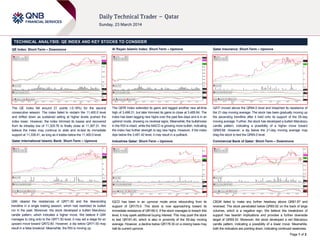 Page 1 of 2
TECHNICAL ANALYSIS: QE INDEX AND KEY STOCKS TO CONSIDER
QE Index: Short-Term – Downmove
The QE Index fell around 21 points (-0.18%) for the second
consecutive session. The index failed to reclaim the 11,400.0 level
and drifted down as sustained selling at higher levels pushed the
index lower. However, the index trimmed its losses and recovered
from its intraday low of 11,329.76 to finally close at 11,367.31. We
believe the index may continue to slide and re-test its immediate
support at 11,338.41, as long as it trades below the 11,400.0 level.
Qatar International Islamic Bank: Short-Term – Upmove
QIIK cleared the resistances of QR71.50 and the descending
trendline in a single trading session, which had restricted its bullish
run in the past. Moreover, the stock developed a bullish Marubozu
candle pattern, which indicates a higher move. We believe if QIIK
manages to cling onto to the QR71.50 level, it may set a stage for an
upward move toward QR72.80. However, a dip below QR71.50 may
result in a false breakout. Meanwhile, the RSI is moving up.
Al Rayan Islamic Index: Short-Term – Upmove
The QERI Index extended its gains and tagged another new all-time
high of 3,498.31, but later trimmed its gains to close at 3,485.84. The
index has been tagging new highs over the past few days and is in an
uptrend mode, showing no reversal signs. Meanwhile, the bullishness
in the RSI is intact; while the MACD is growing more bullish, indicating
the index has further strength to tag new highs. However, if the index
dips below the 3,481.42 level, it may result in a pullback.
Industries Qatar: Short-Term – Upmove
IQCD has been in an upmove mode since rebounding from its
support of QR175.0. The stock is now approaching toward its
immediate resistance of QR180.0. If the stock manages to breach this
level, it may spark additional buying interest. This may push the stock
to test QR181.40, which is also in proximity of the 55-day moving
average. However, a decline below QR178.30 on a closing basis may
halt its current upmove.
Qatar Insurance: Short-Term – Upmove
QATI moved above the QR64.0 level and breached its resistance of
the 21-day moving average. The stock has been gradually moving up
the ascending trendline after it held onto its support of the 55-day
moving average. Further, the stock has developed a bullish Marubozu
candle pattern, indicating a possibility of a higher move toward
QR65.68. However, a dip below the 21-day moving average may
drag the stock to test the QR64.0 level.
Commercial Bank of Qatar: Short-Term – Downmove
CBQK failed to make any further headway above QR61.67 and
reversed. The stock penetrated below QR60.92 on the back of large
volumes, which is a negative sign. We believe this breakdown of
support has bearish implications and provides a further downside
target of QR59.33. Moreover, the stock developed a red Marubozu
candle pattern, indicating a possibility of a lower move. Meanwhile,
both the indicators are pointing down, indicating continued weakness.
 