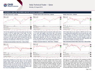 Page 1 of 2
TECHNICAL ANALYSIS: QE INDEX AND KEY STOCKS TO CONSIDER
QE Index: Short-Term – Neutral
The QE Index snapped its four-day winning streak and shed around
23 points (-0.16%) as traders opted to book profits. The index
witnessed a gap-up opening and reached an intraday high of
13,850.18, but failed to hold onto its gains and retreated. However,
the upmove in the index remains intact. We believe the index may
continue to move higher until it stays above the 13,700.0 level. On
the flip side, any retreat below 13,700.0 may result in a pullback.
Al Khalij Commercial Bank: Short-Term – Bounce Back
KCBK gained marginally and moved closer to the 21-day moving
average. Notably, volumes were also large on the rise indicating
optimism among traders. The stock has been moving along the
ascending pennant over the past few days. We believe the stock is
gearing for a further upmove and may test and surpass the 21-day
moving average, targeting QR22.35. Conversely, any failure to clear
the 21-day moving average may result in consolidation.
Al Rayan Islamic Index: Short-Term – Neutral
The QERI Index halted its gains and closed the volatile session with a
cut of -0.45%, after tagging a fresh all-time high in the previous
session. The index momentarily moved above the 4,800.0 level, but
failed to make any further headway and reversed on the back of
profit-booking. Meanwhile, the index has intermediate support of
4,750.0. We believe the bulls may continue to dominate as long as
the index clings onto 4,750.0, or else it may drift toward 4,700.0.
Al Meera Consumer Goods Co.: Short-Term – Pullback
MERS failed to make any further headway above QR191.50 and
declined breaching its important supports of the 21-day moving
average and the ascending pennant trendline. Further, the RSI and
the MACD lines are pointing down indicating weakness. We believe
although the stock is trading close to its immediate support of
QR187.80, it may not hold onto it and drift down further to test
QR185.0. However, if the stock stays above QR187.80 it may rally.
Nakilat: Short-Term - Pullback
QGTS dipped below its key supports of QR24.45 and the 21-day
moving average after holding above it since the past few days, which
is a negative sign. We believe this strong breach of supports has
bearish implications and provides a downside target of QR24.12
followed by QR23.90. However, if the stock manages to reclaim the
21-day moving average it may provide some relief. Meanwhile, both
the momentum indicators are indicating weakness.
Qatar International Islamic Bank: Short-Term – Bounce Back
QIIK built on its gains and advanced 2.19% surpassing the QR87.0
and QR87.80 in a single swoop. The stock is currently on the
threshold of its immediate resistance of QR89.0. Any move above this
level may trigger fresh buying, which may push the stock further
toward QR90.50. However, any failure to move above QR89.0 may
result in a sideways movement. Meanwhile, both the indicators are
providing bullish signals, indicating the possibility of a further rise.
 