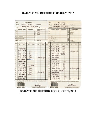 DAILY TIME RECORD FOR JULY, 2012




DAILY TIME RECORD FOR AUGUST, 2012
 