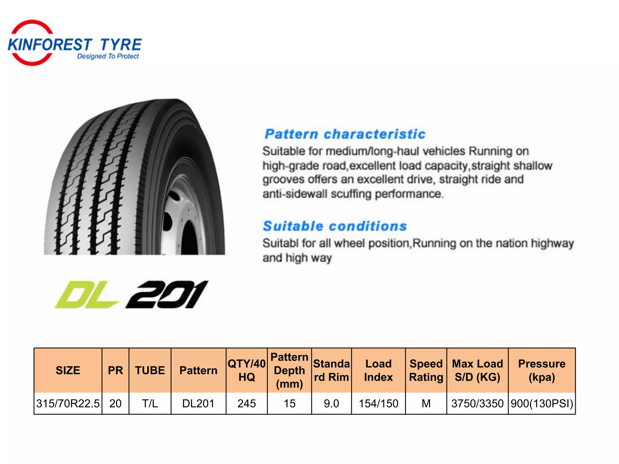 SIZE PR TUBE Pattern
QTY/40
HQ
Pattern
Depth
(mm)
Standa
rd Rim
Load
Index
Speed
Rating
Max Load
S/D (KG)
Pressure
(kpa)
315/70R22.5 20 T/L DL201 245 15 9.0 154/150 M 3750/3350 900(130PSI)
 