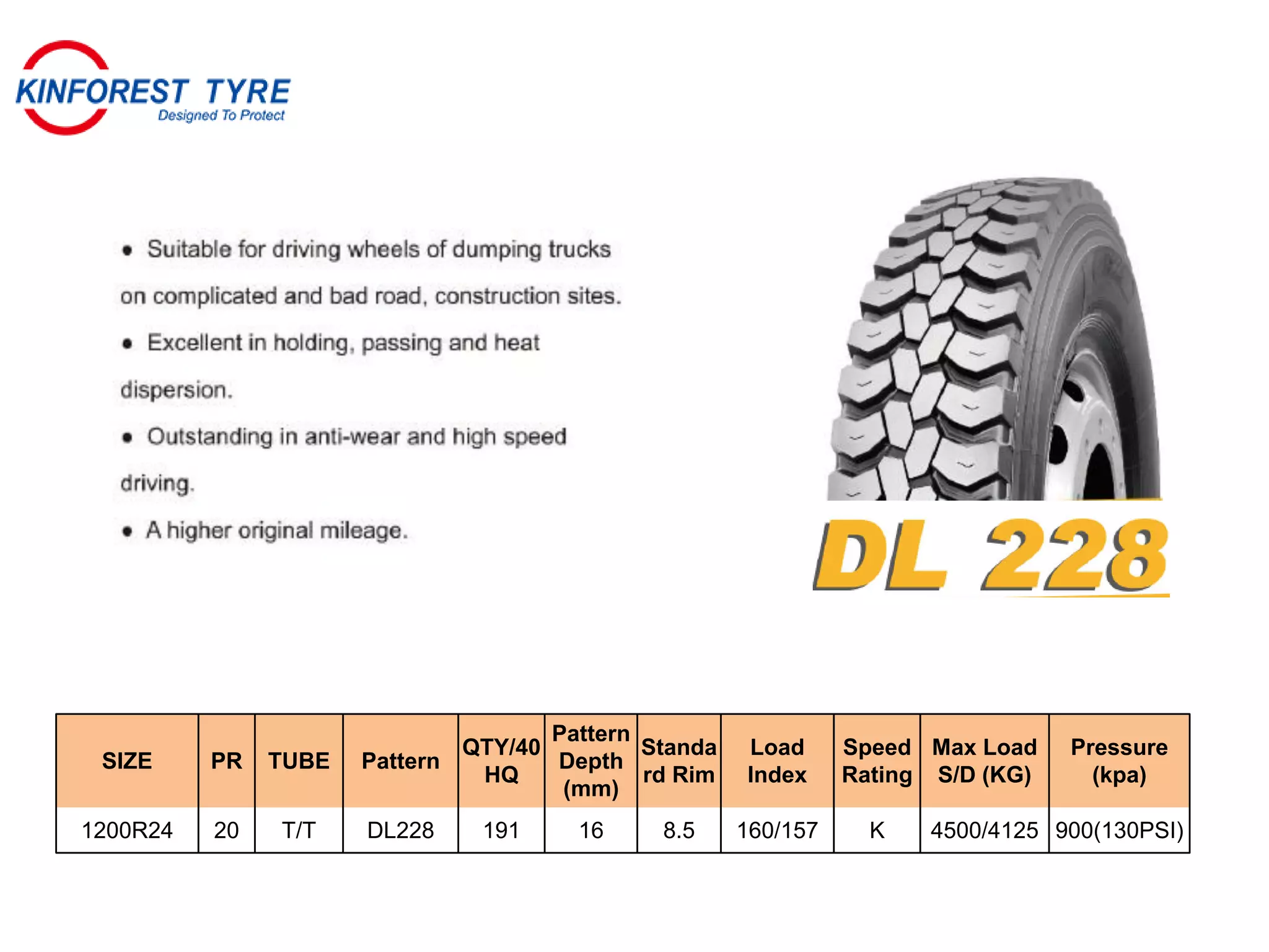 SIZE PR TUBE Pattern
QTY/40
HQ
Pattern
Depth
(mm)
Standa
rd Rim
Load
Index
Speed
Rating
Max Load
S/D (KG)
Pressure
(kpa)
1200R24 20 T/T DL228 191 16 8.5 160/157 K 4500/4125 900(130PSI)
 