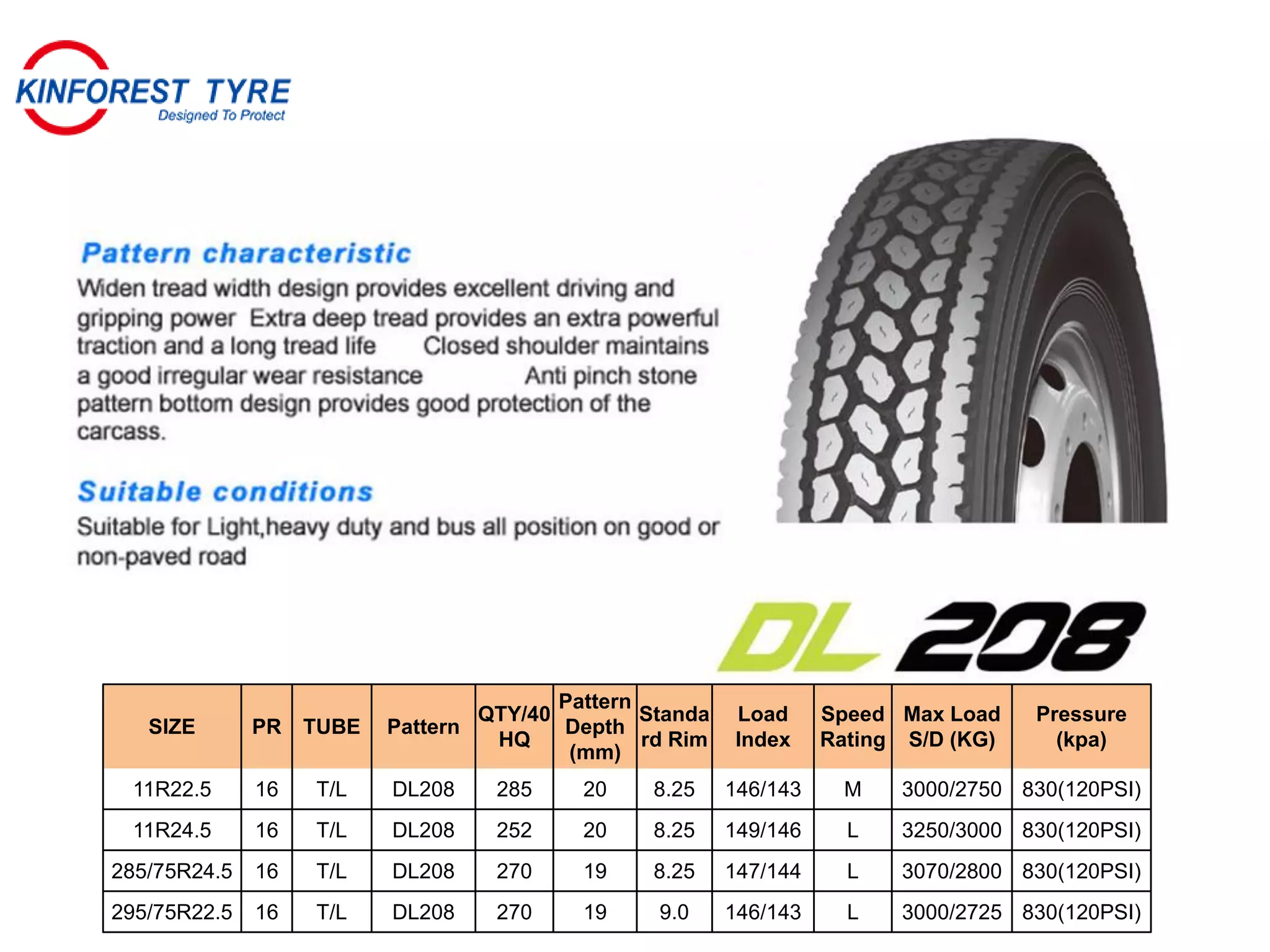 SIZE PR TUBE Pattern
QTY/40
HQ
Pattern
Depth
(mm)
Standa
rd Rim
Load
Index
Speed
Rating
Max Load
S/D (KG)
Pressure
(kpa)
11R22.5 16 T/L DL208 285 20 8.25 146/143 M 3000/2750 830(120PSI)
11R24.5 16 T/L DL208 252 20 8.25 149/146 L 3250/3000 830(120PSI)
285/75R24.5 16 T/L DL208 270 19 8.25 147/144 L 3070/2800 830(120PSI)
295/75R22.5 16 T/L DL208 270 19 9.0 146/143 L 3000/2725 830(120PSI)
 