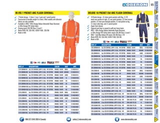 65 
HI-VIS 7 POCKET ARC FLASH COVERALL 
7 Pocket design - 2 chest, 2 rear, 2 pant and 1 pencil pocket 
Constructed of durable weight 9 oz fabric. Other models with alternate 
fabrics are also available 
Available in ORC2+HiVis Orange Deluxe Inherently Flame Resistant 
or HiVis Orange FRT Cotton fabric 
Striping meets CSA Z96 Class 3 Level 2 
Meets NFPA 70E, CSA Z462, ASTM F1506 , CSA Z96 
Made in USA 
DELUXE 10 POCKET E&I ARC FLASH COVERALL 
10 Pocket design - (2) chest patch pockets with flap, (1) FR 
mesh over-pocket on right, (2) rear patch pockets, (2) front inseam 
pockets, (2) front pass-through pockets, (1) tool pocket on leg, 
(1) chest radio loop, and (1) pencil pocket 
Zipper front closure 
Zippered pant legs to expand to pull over heavy boots 
ORC2+ HiVis Orange Deluxe Inherently Flame Resistant 
or HiVis Orange FRT Cotton fabric meets CSA Z96 Class 3 Level 2 
ORC2+ Cool Blue Deluxe IFR meets CSA Z96 Class 1-FR 
Meets NFPA 70E, CSA Z462, ASTM F1506, CSA Z96 
Made in USA 
/2# 
NFPA 70E CSA 
ASTM 
Z462 
F 1506 
Qualifying Product 
NAFTA MFG # DESCRIPTION COLOR SIZE UPC 
C7ZV-CBW9OH-RS 9oz C7ZV COVERALL (ATPV 13 CAL) - FRT COTTON ORANGE / SILVER SMALL 731406349737 
C7ZV-CBW9OH-RM 9oz C7ZV COVERALL (ATPV 13 CAL) - FRT COTTON ORANGE / SILVER MEDIUM 731406349744 
C7ZV-CBW9OH-RL 9oz C7ZV COVERALL (ATPV 13 CAL) - FRT COTTON ORANGE / SILVER LARGE 731406349751 
C7ZV-CBW9OH-RXL 9oz C7ZV COVERALL (ATPV 13 CAL) - FRT COTTON ORANGE / SILVER XL 731406349768 
C7ZV-CBW9OH-R2XL 9oz C7ZV COVERALL (ATPV 13 CAL) - FRT COTTON ORANGE / SILVER 2XL 731406349775 
C7ZV-CBW9OH-R3XL 9oz C7ZV COVERALL (ATPV 13 CAL) - FRT COTTON ORANGE / SILVER 3XL 731406349782 
C7ZV-CBW9OH-R4XL 9oz C7ZV COVERALL (ATPV 13 CAL) - FRT COTTON ORANGE / SILVER 4XL 731406349799 
C7ZV-CBW9OH-R5XL 9oz C7ZV COVERALL (ATPV 13 CAL) - FRT COTTON ORANGE / SILVER 5XL 731406349805 
C7ZV-LCI9OH-RS 9oz C7ZV COVERALL (ATPV 13 CAL) - IFR ORANGE / SILVER SMALL 731406349812 
C7ZV-LCI9OH-RM 9oz C7ZV COVERALL (ATPV 13 CAL) - IFR ORANGE / SILVER MEDIUM 731406349829 
C7ZV-LCI9OH-RL 9oz C7ZV COVERALL (ATPV 13 CAL) - IFR ORANGE / SILVER LARGE 731406349836 
C7ZV-LCI9OH-RXL 9oz C7ZV COVERALL (ATPV 13 CAL) - IFR ORANGE / SILVER XL 731406349843 
C7ZV-LCI9OH-R2XL 9oz C7ZV COVERALL (ATPV 13 CAL) - IFR ORANGE / SILVER 2XL 731406349850 
C7ZV-LCI9OH-R3XL 9oz C7ZV COVERALL (ATPV 13 CAL) - IFR ORANGE / SILVER 3XL 731406349867 
C7ZV-LCI9OH-R4XL 9oz C7ZV COVERALL (ATPV 13 CAL) - IFR ORANGE / SILVER 4XL 731406349874 
C7ZV-LCI9OH-R5XL 9oz C7ZV COVERALL (ATPV 13 CAL) - IFR ORANGE / SILVER 5XL 731406349881 
/2# 
NFPA 70E CSA 
ASTM 
Z462 
F 1506 
Qualifying Product 
NAFTA MFG # DESCRIPTION COLOR SIZE UPC 
CCN-CBW9OH-RS 9oz CCN COVERALL (ATPV 13 CAL) - FRT COTTON ORANGE / SILVER SMALL 731406349898 
CCN-CBW9OH-RM 9oz CCN COVERALL (ATPV 13 CAL) - FRT COTTON ORANGE / SILVER MEDIUM 731406349904 
CCN-CBW9OH-RL 9oz CCN COVERALL (ATPV 13 CAL) - FRT COTTON ORANGE / SILVER LARGE 731406349911 
CCN-CBW9OH-RXL 9oz CCN COVERALL (ATPV 13 CAL) - FRT COTTON ORANGE / SILVER XL 731406349928 
CCN-CBW9OH-R2XL 9oz CCN COVERALL (ATPV 13 CAL) - FRT COTTON ORANGE / SILVER 2XL 731406349935 
CCN-CBW9OH-R3XL 9oz CCN COVERALL (ATPV 13 CAL) - FRT COTTON ORANGE / SILVER 3XL 731406349942 
CCN-CBW9OH-R4XL 9oz CCN COVERALL (ATPV 13 CAL) - FRT COTTON ORANGE / SILVER 4XL 731406349959 
CCN-CBW9OH-R5XL 9oz CCN COVERALL (ATPV 13 CAL) - FRT COTTON ORANGE / SILVER 5XL 731406349966 
CCN-LCI9OH-RS 9oz CCN COVERALL (ATPV 13 CAL) - IFR ORANGE / SILVER SMALL 731406349973 
CCN-LCI9OH-RM 9oz CCN COVERALL (ATPV 13 CAL) - IFR ORANGE / SILVER MEDIUM 731406349980 
CCN-LCI9OH-RL 9oz CCN COVERALL (ATPV 13 CAL) - IFR ORANGE / SILVER LARGE 731406349997 
CCN-LCI9OH-RXL 9oz CCN COVERALL (ATPV 13 CAL) - IFR ORANGE / SILVER XL 731406350009 
CCN-LCI9OH-R2XL 9oz CCN COVERALL (ATPV 13 CAL) - IFR ORANGE / SILVER 2XL 731406350016 
CCN-LCI9OH-R3XL 9oz CCN COVERALL (ATPV 13 CAL) - IFR ORANGE / SILVER 3XL 731406350023 
CCN-LCI9OH-R4XL 9oz CCN COVERALL (ATPV 13 CAL) - IFR ORANGE / SILVER 4XL 731406350030 
CCN-LCI9OH-R5XL 9oz CCN COVERALL (ATPV 13 CAL) - IFR ORANGE / SILVER 5XL 731406350047 
CCN-LGG6NB-RS 6.5oz CCN IFR COVERALL (ATPV 10 CAL) - IFR COOL BLUE/ YEL-SIL SMALL 731406176425 
CCN-LGG6NB-RM 6.5oz CCN IFR COVERALL (ATPV 10 CAL) - IFR COOL BLUE/ YEL-SIL MEDIUM 731406176418 
CCN-LGG6NB-RL 6.5oz CCN IFR COVERALL (ATPV 10 CAL) - IFR COOL BLUE/ YEL-SIL LARGE 731406176401 
CCN-LGG6NB-RXL 6.5oz CCN IFR COVERALL (ATPV 10 CAL) - IFR COOL BLUE/ YEL-SIL XL 731406176432 
CCN-LGG6NB-R2XL 6.5oz CCN IFR COVERALL (ATPV 10 CAL) - IFR COOL BLUE/ YEL-SIL 2XL 731406349690 
CCN-LGG6NB-R3XL 6.5oz CCN IFR COVERALL (ATPV 10 CAL) - IFR COOL BLUE/ YEL-SIL 3XL 731406349706 
CCN-LGG6NB-R4XL 6.5oz CCN IFR COVERALL (ATPV 10 CAL) - IFR COOL BLUE/ YEL-SIL 4XL 731406349713 
CCN-LGG6NB-R5XL 6.5oz CCN IFR COVERALL (ATPV 10 CAL) - IFR COOL BLUE/ YEL-SIL 5XL 731406349720 
800-322-3348 (USA & Canada) safety@oberonsafety.com www.oberonsafety.com 
 