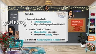 AGENDA -
1. Open Unit2 notebook:
a. 2 Minute Free Write
b. Figurative language slides - finished?
1. PLOT & CONFLICT DAY 1:
a. Slides:Conflict - take notes
b. Independent Activity, review
1. If timeleft: Maslow’s Pyramid of Needs video
Ifyou haven’t yet,
complete first choice
book slide!
 