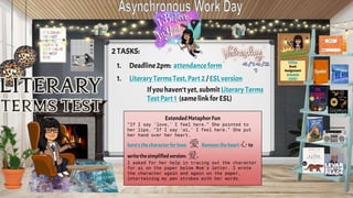 2 TASKS:
1. Deadline2pm: attendance form
1. LiteraryTermsTest, Part2 / ESLversion
Ifyou haven’tyet, submitLiterary Terms
TestPart1 (samelinkforESL)
Follow
Book
Assignment
Schedule
HERE!
ExtendedMetaphorFun
“If I say ‘love,’ I feel here.” She pointed to
her lips. “If I say ‘ai,’ I feel here.” She put
her hand over her heart.
here’sthe characterfor love: 愛 Remove theheart心to
writethe simplifiedversion: 爱.
I asked for her help in tracing out the character
for ai on the paper below Mom’s letter. I wrote
the character again and again on the paper,
intertwining my pen strokes with her words.
 