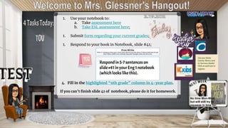 1. Use your notebook to:
a. Take assessment here
b. Take ESL assessment here;
1. Submit form regarding your current grades;
1. Respond to your book in Notebook, slide #41;
4. Fill in the highlighted “9th grade” column in 4-year plan.
If you can’t finish slide 41 of notebook, please do it for homework.
Use your Wake
County library card
to borrow e-books!
Click on each icon to
register.
Respondin5-7sentences on
slide#41in yourEng1notebook
(whichlooks likethis).
No time Mon-Wed,
but will still try to
squeeze in time for:
 