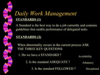 Daily Work Management
A Standard is the best way to do a job currently and contains
guidelines that enable performance of delegated tasks
STANDARDS (1)
STANDARDS (2)
When abnormality occurs in the current process ASK
THE THREE KEY QUESTIONS
1. Do we have a STANDARD ?
2. Is the standard ADEQUATE ?
3. Is the standard FOLLOWED ?
Availability
Adequacy
Disciplined
 