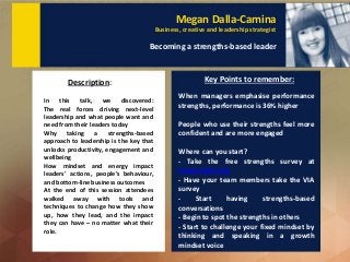 Megan Dalla-Camina
Business, creative and leadership strategist
Becoming a strengths-based leader
In this talk, we discove...