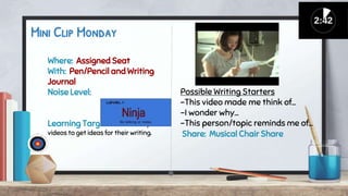 Mini Clip Monday
Where: Assigned Seat
With: Pen/Pencil and Writing
Journal
Noise Level:
Learning Target: Writers analyze
videos to get ideas for their writing. Share: Musical Chair Share
Possible Writing Starters
-This video made me think of...
-I wonder why...
-This person/topic reminds me of...
 