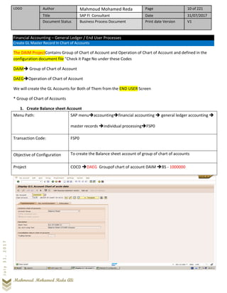 LOGO Author Mahmoud Mohamed Reda Page 10 of 221
Title SAP FI Consultant Date 31/07/2017
Document Status Business Process Document Print date Version V1
Mahmoud Mohamed Reda Ali
July31,2017
Financial Accounting – General Ledger / End User Processes
Create GL Master Record In Chart of Accounts
The DAIM ProjectContains Group of Chart of Account and Operation of Chart of Account and defined in the
configuration document file "Check it Page No under these Codes
DAIM➔ Group of Chart of Account
DAEG➔Operation of Chart of Account
We will create the GL Accounts for Both of Them from the END USER Screen
* Group of Chart of Accounts
1. Create Balance sheet Account
Menu Path: SAP menu➔accounting➔financial accounting ➔ general ledger accounting ➔
master records ➔individual processing➔FSP0
Transaction Code: FSP0
Objective of Configuration To create the Balance sheet account of group of chart of accounts
Project COCD ➔DAEG Groupof chart of account DAIM ➔BS - 1000000
 