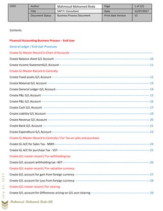 LOGO Author Mahmoud Mohamed Reda Page 1 of 221
Title SAP FI Consultant Date 31/07/2017
Document Status Business Process Document Print date Version V1
Mahmoud Mohamed Reda Ali
July31,2017
Financail Accounting Business Process – End User
General Ledger / End User Processes
Create GL Master Record In Chart of Accounts------------------------------------------------------------------------------------
Create Balance sheet G/L Account ------------------------------------------------------------------------------------------------10
Create Income StatementG/L Account -------------------------------------------------------------------------------------------11
Create GL Master Record In Centrally
Create Fixed assets G/L Account---------------------------------------------------------------------------------------------------12
Create Material G/L Account -------------------------------------------------------------------------------------------------------13
Create General Ledger G/L Account-----------------------------------------------------------------------------------------------14
Create P&L G/L Account -------------------------------------------------------------------------------------------------------------15
Create P&L G/L Account -------------------------------------------------------------------------------------------------------------16
Create Cash G/L Account ------------------------------------------------------------------------------------------------------------17
Create Liability G/L Account --------------------------------------------------------------------------------------------------------19
Create Revenue G/L Account -------------------------------------------------------------------------------------------------------20
Create Bank G/L Account ------------------------------------------------------------------------------------------------------------21
Create Expenditure G/L Account---------------------------------------------------------------------------------------------------23
Create GL Master Record In Centrally / For Tax on sales and purchase
Create GL A/C for Sales Tax - MWS------------------------------------------------------------------------------------------------24
Create GL A/C for purchase Tax - VST---------------------------------------------------------------------------------------------25
Create G/L master record / For withholding tax
Create G/L account withholding tax -WIT----------------------------------------------------------------------------------------26
Create G/L master record / For valuation currency
Create G/L account for gain from foreign currency ---------------------------------------------------------------------------27
Create G/L account for Loss from foreign currency ---------------------------------------------------------------------------28
Create G/L master record / for clearing
Create G/L account for Differences arising on G/L acct clearing -----------------------------------------------------------29
Contents
 