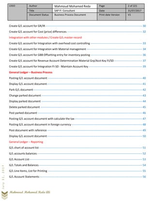 LOGO Author Mahmoud Mohamed Reda Page 2 of 221
Title SAP FI Consultant Date 31/07/2017
Document Status Business Process Document Print date Version V1
Mahmoud Mohamed Reda Ali
July31,2017
Create G/L account for GR/IR-------------------------------------------------------------------------------------------------------30
Create G/L account for Cost (price) differences --------------------------------------------------------------------------------32
Integration with other modules / Create G/L master record
Create G/L account for Integration with overhead cost controlling -------------------------------------------------------33
Create G/L account for Integration with Material management -----------------------------------------------------------34
Create G/L account for GBB Offsetting entry for inventory posting -------------------------------------------------------36
Create G/L account for Revenue Account Determination Material Grp/Acct Key FI/SD------------------------------37
Create G/L account for Integration FI-SD - Maintain Account Key ---------------------------------------------------------39
General Ledger – Business Process
Posting G/L account document ----------------------------------------------------------------------------------------------------40
Display G/L account document-----------------------------------------------------------------------------------------------------41
Park G/L document--------------------------------------------------------------------------------------------------------------------42
Change parked document -----------------------------------------------------------------------------------------------------------43
Display parked document -----------------------------------------------------------------------------------------------------------44
Delete parked document ------------------------------------------------------------------------------------------------------------45
Post parked document ---------------------------------------------------------------------------------------------------------------46
Posting G/L account document with calculate the tax------------------------------------------------------------------------47
Posting G/L account document in foreign currency ---------------------------------------------------------------------------48
Post document with reference -----------------------------------------------------------------------------------------------------49
Display G/L account document-----------------------------------------------------------------------------------------------------50
General Ledger – Reporting
G/L chart of account list--------------------------------------------------------------------------------------------------------------51
G/L accounts balances----------------------------------------------------------------------------------------------------------------52
G/L Account List------------------------------------------------------------------------------------------------------------------------53
G/L Totals and Balances--------------------------------------------------------------------------------------------------------------54
G/L Line Items, List for Printing ----------------------------------------------------------------------------------------------------55
G/L Account Statements-------------------------------------------------------------------------------------------------------------56
 