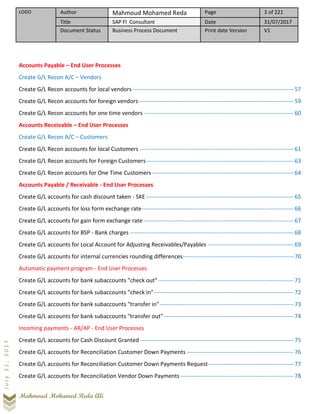 LOGO Author Mahmoud Mohamed Reda Page 3 of 221
Title SAP FI Consultant Date 31/07/2017
Document Status Business Process Document Print date Version V1
Mahmoud Mohamed Reda Ali
July31,2017
Accounts Payable – End User Processes
Create G/L Recon A/C – Vendors
Create G/L Recon accounts for local vendors-----------------------------------------------------------------------------------57
Create G/L Recon accounts for foreign vendors--------------------------------------------------------------------------------59
Create G/L Recon accounts for one time vendors -----------------------------------------------------------------------------60
Accounts Receivable – End User Processes
Create G/L Recon A/C – Customers
Create G/L Recon accounts for local Customers -------------------------------------------------------------------------------61
Create G/L Recon accounts for Foreign Customers----------------------------------------------------------------------------63
Create G/L Recon accounts for One Time Customers-------------------------------------------------------------------------64
Accounts Payable / Receivable - End User Processes
Create G/L accounts for cash discount taken - SKE----------------------------------------------------------------------------65
Create G/L accounts for loss form exchange rate------------------------------------------------------------------------------66
Create G/L accounts for gain form exchange rate -----------------------------------------------------------------------------67
Create G/L accounts for BSP - Bank charges ------------------------------------------------------------------------------------68
Create G/L accounts for Local Account for Adjusting Receivables/Payables --------------------------------------------69
Create G/L accounts for internal currencies rounding differences---------------------------------------------------------70
Automatic payment program - End User Processes
Create G/L accounts for bank subaccounts "check out"----------------------------------------------------------------------71
Create G/L accounts for bank subaccounts "check in"------------------------------------------------------------------------72
Create G/L accounts for bank subaccounts "transfer in"---------------------------------------------------------------------73
Create G/L accounts for bank subaccounts "transfer out"-------------------------------------------------------------------74
Incoming payments - AR/AP - End User Processes
Create G/L accounts for Cash Discount Granted -------------------------------------------------------------------------------75
Create G/L accounts for Reconciliation Customer Down Payments -------------------------------------------------------76
Create G/L accounts for Reconciliation Customer Down Payments Request--------------------------------------------77
Create G/L accounts for Reconciliation Vendor Down Payments ----------------------------------------------------------78
 