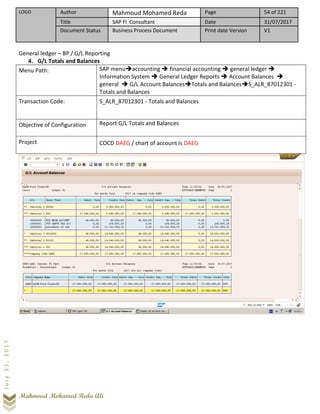 LOGO Author Mahmoud Mohamed Reda Page 54 of 221
Title SAP FI Consultant Date 31/07/2017
Document Status Business Process Document Print date Version V1
Mahmoud Mohamed Reda Ali
July31,2017
General ledger – BP / G/L Reporting
4. G/L Totals and Balances
Menu Path: SAP menu➔accounting ➔ financial accounting ➔ general ledger ➔
Information System ➔ General Ledger Reports ➔ Account Balances ➔
general ➔ G/L Account Balances➔Totals and Balances➔S_ALR_87012301 -
Totals and Balances
Transaction Code: S_ALR_87012301 - Totals and Balances
Objective of Configuration Report G/L Totals and Balances
Project COCD DAEG / chart of account is DAEG
 