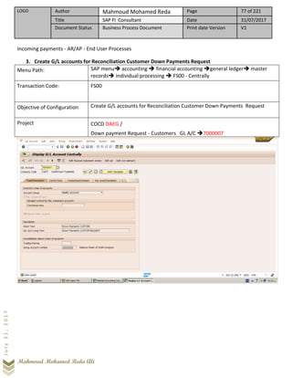 LOGO Author Mahmoud Mohamed Reda Page 77 of 221
Title SAP FI Consultant Date 31/07/2017
Document Status Business Process Document Print date Version V1
Mahmoud Mohamed Reda Ali
July31,2017
Incoming payments - AR/AP - End User Processes
3. Create G/L accounts for Reconciliation Customer Down Payments Request
Menu Path: SAP menu➔ accounting ➔ financial accounting ➔general ledger➔ master
records➔ individual processing ➔ FS00 - Centrally
Transaction Code: FS00
Objective of Configuration Create G/L accounts for Reconciliation Customer Down Payments Request
Project COCD DAEG /
Down payment Request - Customers GL A/C ➔7000007
 