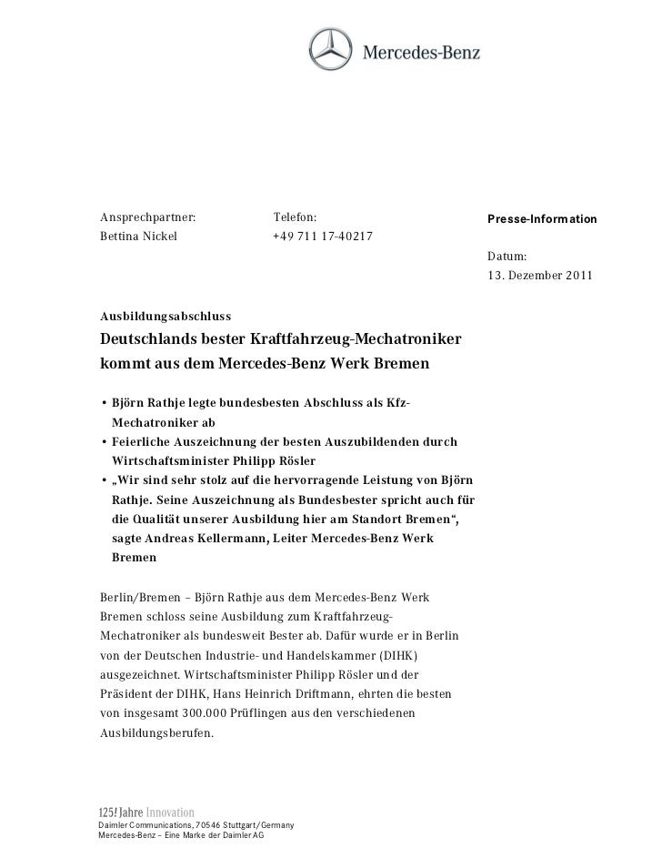 Daimler Presse Information Bundesbester Kfz Mechatroniker Pdf