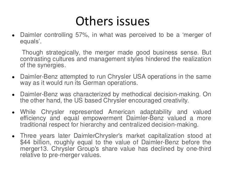 the daimler chrysler failed merger Conventional wisdom is that the combining of daimler-benz with chrysler corp failed because of a clash of cultures, but that's an oversimplification. the daimler chrysler failed merger Conventional wisdom is that the combining of daimler-benz with chrysler corp failed because of a clash of cultures, but that's an oversimplification.