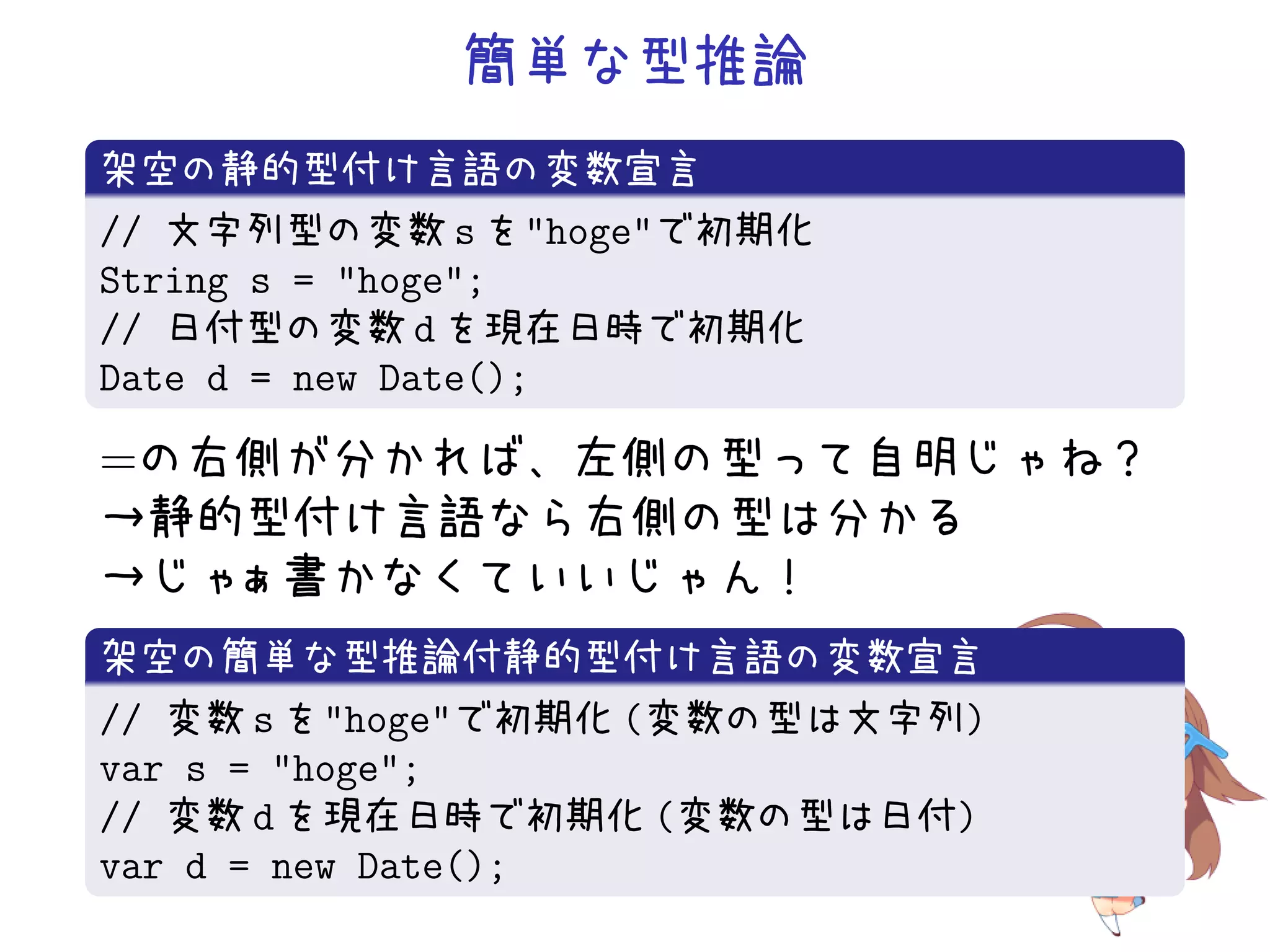簡単な型推論
架空の静的型付け言語の変数宣言
// 文字列型の変数 s を"hoge"で初期化
String s = "hoge";
// 日付型の変数 d を現在日時で初期化
Date d = new Date();

=の右側が分かれば、左側の型って自明じゃね？
→静的型付け言語なら右側の型は分かる
→じゃぁ書かなくていいじゃん！
架空の簡単な型推論付静的型付け言語の変数宣言
// 変数 s を"hoge"で初期化 (変数の型は文字列)
var s = "hoge";
// 変数 d を現在日時で初期化 (変数の型は日付)
var d = new Date();
 