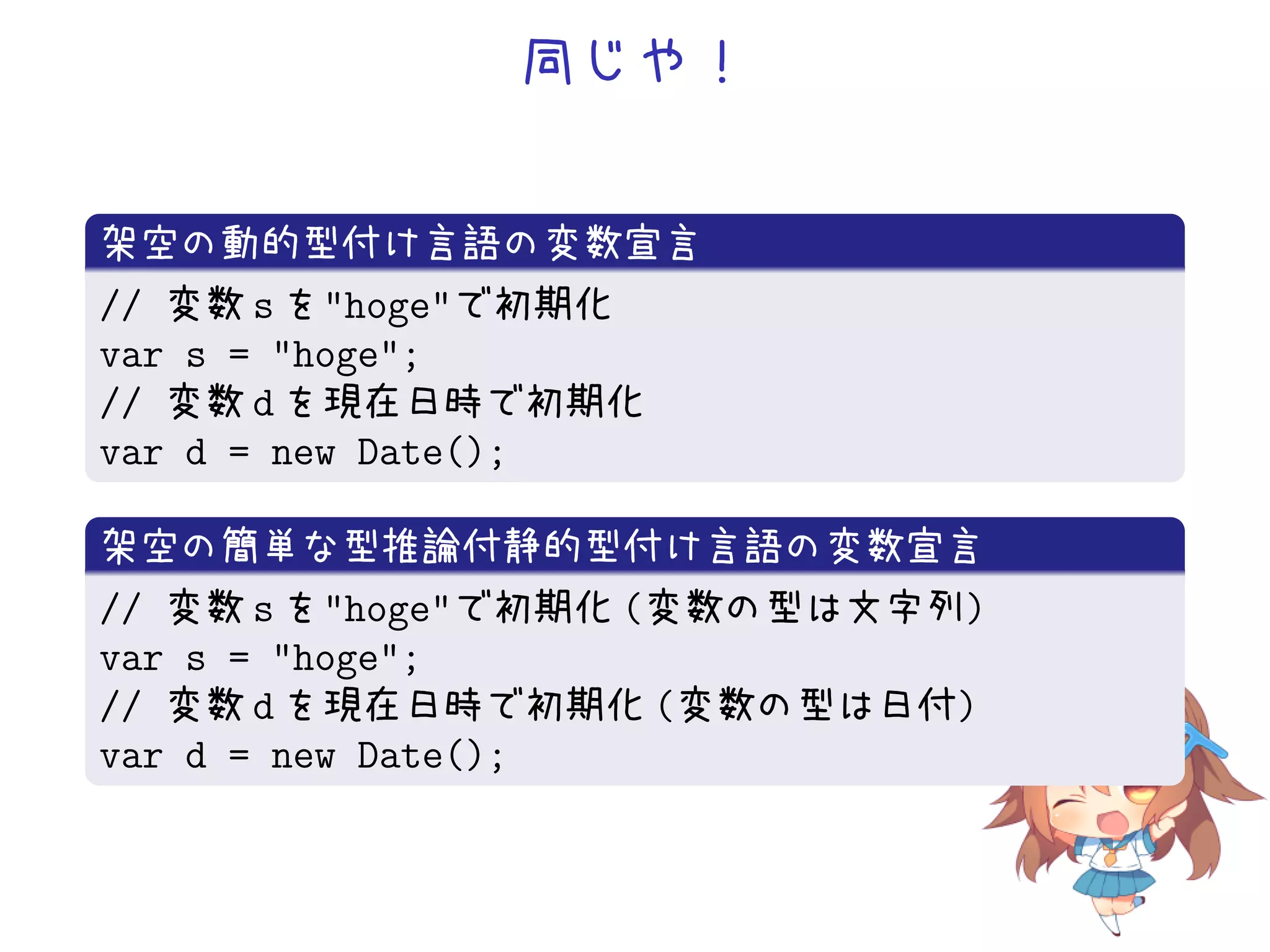 同じや！


架空の動的型付け言語の変数宣言
// 変数 s を"hoge"で初期化
var s = "hoge";
// 変数 d を現在日時で初期化
var d = new Date();

架空の簡単な型推論付静的型付け言語の変数宣言
// 変数 s を"hoge"で初期化 (変数の型は文字列)
var s = "hoge";
// 変数 d を現在日時で初期化 (変数の型は日付)
var d = new Date();
 