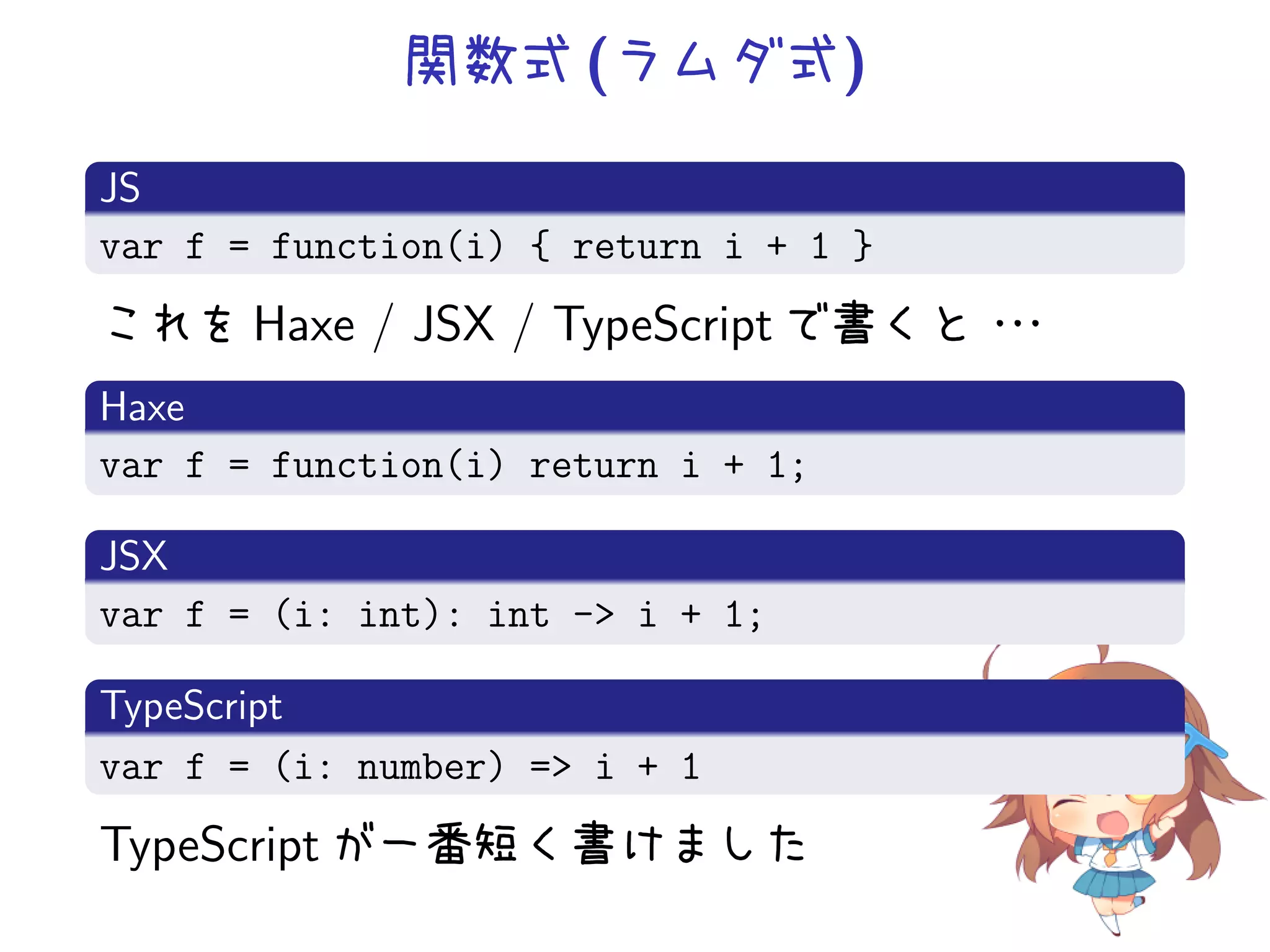 関数式 (ラムダ式)

JS
var f = function(i) { return i + 1 }
これを Haxe / JSX / TypeScript で書くと・
                                ・・
Haxe
var f = function(i) return i + 1;

JSX
var f = (i: int): int -> i + 1;

TypeScript
var f = (i: number) => i + 1
TypeScript が一番短く書けました
 