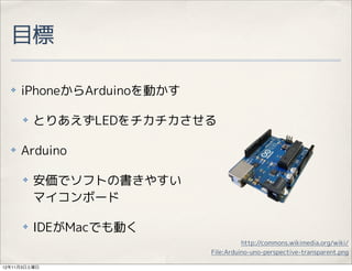 Ŀ

  ?   iPhoneArduinoӤ

      ?   ȤꤢLED

  ?   Arduino

      ?   ǥեȤΕ䤹
          ޥܩ`

      ?   IDEMacǤӤ
                                      http://commons.wikimedia.org/wiki/
                            File:Arduino-uno-perspective-transparent.png

12113
 