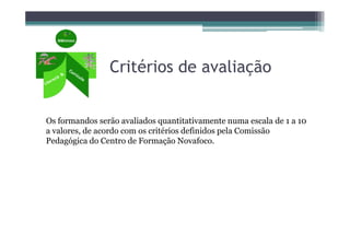 Critérios de avaliação


Os formandos serão avaliados quantitativamente numa escala de 1 a 10
a valores, de acordo com os critérios definidos pela Comissão
Pedagógica do Centro de Formação Novafoco.
 