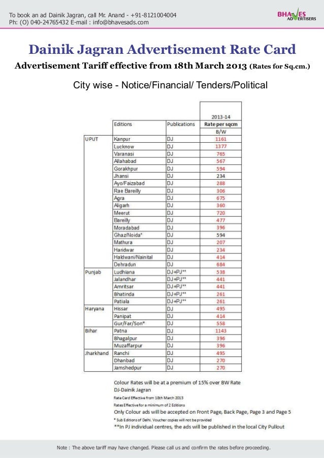Dainik Jagran City Ad Rates 2013