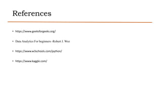 References
• https://www.geeksforgeeks.org/
• Data Analytics For beginners -Robert J. Woz
• https://www.w3schools.com/python/
• https://www.kaggle.com/
 