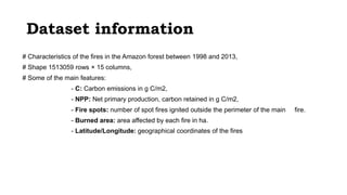 Dataset information
# Characteristics of the fires in the Amazon forest between 1998 and 2013,
# Shape 1513059 rows × 15 columns,
# Some of the main features:
- C: Carbon emissions in g C/m2,
- NPP: Net primary production, carbon retained in g C/m2,
- Fire spots: number of spot fires ignited outside the perimeter of the main fire.
- Burned area: area affected by each fire in ha.
- Latitude/Longitude: geographical coordinates of the fires
 
