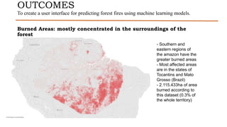OUTCOMES
To create a user interface for predicting forest fires using machine learning models.
Burned Areas: mostly concentrated in the surroundings of the
forest
- Southern and
eastern regions of
the amazon have the
greater burned areas
- Most affected areas
are in the states of
Tocantins and Mato
Grosso (Brazil)
- 2.115.433ha of area
burned according to
this dataset (0.3% of
the whole territory)
 