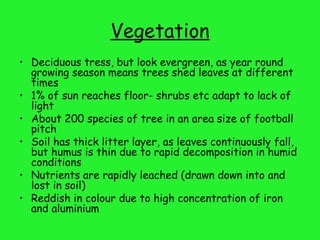 Vegetation
• Deciduous tress, but look evergreen, as year round
  growing season means trees shed leaves at different
  times
• 1% of sun reaches floor- shrubs etc adapt to lack of
  light
• About 200 species of tree in an area size of football
  pitch
• Soil has thick litter layer, as leaves continuously fall,
  but humus is thin due to rapid decomposition in humid
  conditions
• Nutrients are rapidly leached (drawn down into and
  lost in soil)
• Reddish in colour due to high concentration of iron
  and aluminium
 