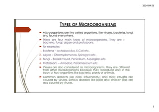 2024-04-23
1
TYPES OF MICROORGANISMS
 Microorganisms are tiny celled organisms, like viruses, bacteria, fungi
and found everywhere.
 There are four main types of microorganisms. They are :-
bacteria, fungi, algae and protozoans.
 for example:-
1. Bacteria – lactobaccilus, E.Coli etc.
2. Algae – Chlamydomonas, Spirogyra etc.
3. Fungi – Bread mould, Penicillium, Aspergilles etc.
4. Protozoans – Amoeba, Paramaecium etc.
 Viruses are also considered as microorganisms. They are different
from other microorganisms because they reproduce only in the
body of host organisms like bacteria, plants or animals.
 Common ailments like cold, influenza(flu) and most coughs are
caused by viruses. Serious diseases like polio and chicken pox are
also caused by viruses.
 