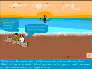 Mil Amores y Juan conversaban nostálgicamente mientras Don Sata se perdía en  el horizonte  que será cuando él falte al  igual que muchas especies, cuando los esteros  se entierre completamente y el mangle se muera. Juan: Yo creo que sí; tal como están sucediendo las cosas y lo más penoso para todos nosotros es que jamás volveríamos a ver a Don Sata Mira Mil Amores ¿Qué pa sará el día en que Don  Sata falte al igual que muchas especies?. yo creo que ese día no está tan lejano Juan: Yo creo que sí; tal como están sucediendo la s  cosas y lo más penoso para todos nosotros es que jamás volveríamos a ver a Don Sata 