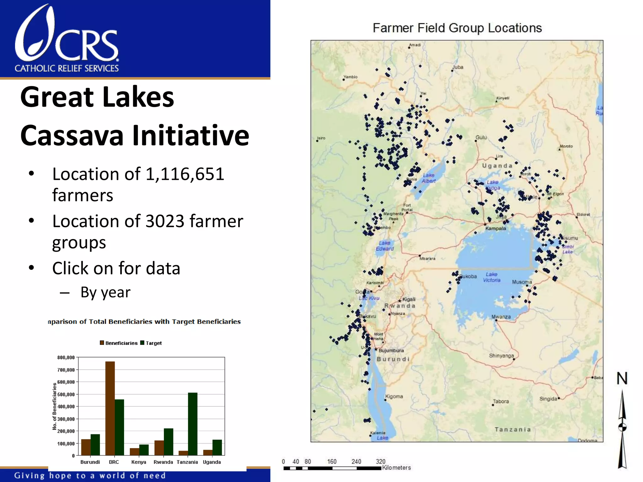Great Lakes 
Cassava Initiative 
• Location of 1,116,651 
farmers 
• Location of 3023 farmer 
groups 
• Click on for data 
– By year 
– By M&E points 
 