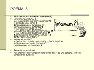 POEMA  3 Bitácora de una suite (5to movimiento) La/ me/jor/ par/ti/tu/ra/  6 fue/ re/co/no/cer/ tus/ pro/yec/cio/nes/  10  y/ sa/car/ te e /se/ tra/je/  7 de/ sen/sa/cio/nes/ zur/ci/das/  8   con/ an/sie/da/des/ de/ to/dos/  8   y/ te/rro/res/ de/ ca/ da u /no/.  8 De/jas/te/ los/ ob/je/tos/ de/ tran/si/ción/  11 y/ los/ re/fe/ren/tes/ po/co/ cre/í/bles/  11 di/se/mi/na/dos/ en/ el/ ra/ro/ lí/mi/te/  12 de/ tu/ “per/so/na/li/dad/”.  7 Ya/ no/ te/ sen/tís/  5 un/ re/cep/tá/cu/lo/ de/ neu/ro/sis/  y ob /se/sio/nes/, 14 de/ lí/mi/tes/ con/ven/cio/na/les/  9 ca/pri/cho/sos/  e in /fan/ti/les/. 8 Tema:  la personalidad Resumen:  es la descripción de la forma de ser de una persona, con sus  sensaciones zurcidas. 
