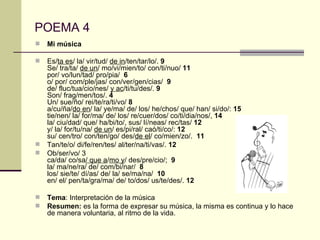 POEMA 4 Mi música Es/ ta es / la/ vir/tud/  de in /ten/tar/lo/.  9 Se/ tra/ta/  de un / mo/vi/mien/to/ con/ti/nuo/  11 por/ vo/lun/tad/ pro/pia/  6 o/ por/ com/ple/jas/ con/ver/gen/cias/   9 de/ fluc/tua/cio/nes/  y ac /ti/tu/des/.  9 Son/ frag/men/tos/.  4 Un/ sue/ño/ rei/te/ra/ti/vo/  8 a/cu/ña/ do en / la/ ye/ma/ de/ los/ he/chos/ que/ han/ si/do/:  15 tie/nen/ la/ for/ma/ de/ los/ re/cuer/dos/ co/ti/dia/nos/,  14 la/ ciu/dad/ que/ ha/bi/to/, sus/ lí/neas/ rec/tas/  12 y/ la/ for/tu/na/  de un / es/pi/ral/ caó/ti/co/:  12 su/ cen/tro/ con/ten/go/ des/ de el / co/mien/zo/.  11 Tan/te/o/ di/fe/ren/tes/ al/ter/na/ti/vas/.  12 Ob/ser/vo/ 3 ca/da/ co/sa / que a / mo y / des/pre/cio/;  9 la/ ma/ne/ra/ de/ com/bi/nar/  8 los/ sie/te/ dí/as/ de/ la/ se/ma/na/  10   en/ el/ pen/ta/gra/ma/ de/ to/dos/ us/te/des/.  12   Tema : Interpretación de la música Resumen:  es la forma de expresar su música, la misma es continua y lo hace de manera voluntaria, al ritmo de la vida. 