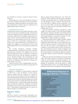 gastroenterology chronic diarrhea




but probably are innocent, transient visitors in those                ﬁciency, global mucosal dysfunction, and “slick gut”
locations.                                                            syndrome. Enteric infection and associated compromise
   Metronidazole in a dose of 15 mg/kg for 10 days is                 of intake and absorption lead to a variable loss of diges-
the current treatment for giardiasis in the United States.            tive and absorptive capacity in infants. The mildest vari-
Asymptomatic children generally are not treated; screen-              ant of this effect is transient lactose intolerance. In its
ing of schoolmates or family contacts is useful only if an            most severe form (IDI), even the least challenging feed-
epidemiologic study is in process.                                    ings are not tolerated and, if parenteral nutrition is not
                                                                      possible, death occurs.
    Cryptosporidium parvum                                                Recurrent episodes of diarrhea and failure to regain
This protozoan causes watery diarrhea that often contin-              weight in an infant (usually 6 mo old) should suggest
ues for 2 weeks and occasionally for longer. The infection            this diagnosis. Suspicion should be raised further by the
results from ingestion of the organism from fecal con-                absence of breastfeeding, the administration of diluted or
tamination of the hands of caretakers, directly from ani-             clear liquid feedings, or restriction of intake in a mis-
mals, or from water in recreational settings. Chlorine is             guided effort to reduce diarrhea or vomiting.
ineffective; the sand ﬁltering necessary for removal sel-                 Diagnostic pitfalls abound. Highly absorptive diapers
dom is carried out at water parks, swimming pools, or                 may mask the presence of watery diarrhea, even in a
petting zoos. Large outbreaks have occurred when mu-                  hospitalized child. The failure to gain weight and recur-
nicipal water supplies are contaminated. Chronic and                  rently low serum bicarbonate concentration in the infant
debilitating diarrhea occurs in the immunocompromised                 who has IDI may result in miscategorization of the
host.                                                                 condition as renal tubular acidosis, which can delay ther-
   The recently introduced combined Giardia-                          apy and compromise survival. A delay in diagnosis and
Cryptosporidium fecal antigen tests have better sensitivity           intervention until all alternatives have been ruled out can
than previous procedures. The diagnosis can be con-                   kill. The practitioner must make the diagnosis and initi-
ﬁrmed through microscopic examination of a Kinyoun                    ate therapy without a positive laboratory or pathologic
acid-fast stain of feces, and the organism sometimes is               result.
seen in intestinal biopsies. The conventional ova and                     Diagnosis is based on the physician’s awareness of the
parasite examination seldom detects this infection. The               entity, reasonable exclusion of alternative explanations
incidence of coinfection with Giardia in immunocom-                   (Table 5), and eventually, the patient’s response to nu-
petent adults is low (2%).                                            trition therapy and return to full health. Intestinal biopsy
   Diarrhea caused by both Cryptosporidium and Giar-                  ﬁndings are nonspeciﬁc, and the procedure in small,
dia can be treated with nitazoxanide oral suspension for              malnourished infants carries a much higher likelihood of
3 days.                                                               perforation with serious consequences. Intestinal biopsy

    Cyclospora cayetanensis
Cyclospora is a unicellular coccidian parasite recognized
in 1979 to be a cause of diarrhea. It causes watery,
                                                                              Differential Diagnosis of
                                                                         Table 5.

explosive diarrhea that may continue for a month or                      Prolonged Diarrhea of Infancy
more and may become chronic with severe weight loss in
                                                                         ●   Intractable diarrhea of infancy
immunocompromised individuals. Sources include con-
                                                                         ●   Enteric infection
taminated water and food, especially fragile items of fresh              ●   Immunodeﬁciency disease
produce that cannot be washed rigorously after harvest-                  ●   Hirschsprung disease
ing. Outbreaks have occurred from unpasteurized apple                    ●   Cystic ﬁbrosis
cider and imported raspberries. Diagnosis is based on                    ●   Celiac disease
                                                                         ●   Congenital short gut (malrotation)
identiﬁcation of oocysts in acid-fast stained fecal speci-
                                                                         ●   Congenital chloride diarrhea
mens. Trimethoprim-sulfamethoxazole has proven an                        ●   Congenital sodium diarrhea
effective therapy in controlled trials.                                  ●   VIPoma
                                                                         ●   Acrodermatitis enteropathica
Diarrhea in Infants                                                      ●   Autoimmune enteropathy
                                                                         ●   Microvillus inclusion disease
    IDI                                                                  ●   Tufted enteropathy
IDI also is known as postenteritis enteropathy, pro-                     ●   A-beta-lipoproteinemia
tracted diarrhea of infancy, secondary disaccharidase de-

8 Pediatrics in Review Vol.26 No.1 January 2005
                  Downloaded from http://pedsinreview.aappublications.org at Universidad De Chile on October 2, 2008
 