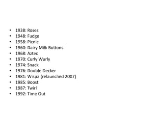 • 1938: Roses
• 1948: Fudge
• 1958: Picnic
• 1960: Dairy Milk Buttons
• 1968: Aztec
• 1970: Curly Wurly
• 1974: Snack
• 1976: Double Decker
• 1981: Wispa (relaunched 2007)
• 1985: Boost
• 1987: Twirl
• 1992: Time Out
 
