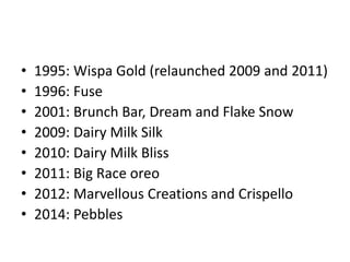 • 1995: Wispa Gold (relaunched 2009 and 2011)
• 1996: Fuse
• 2001: Brunch Bar, Dream and Flake Snow
• 2009: Dairy Milk Silk
• 2010: Dairy Milk Bliss
• 2011: Big Race oreo
• 2012: Marvellous Creations and Crispello
• 2014: Pebbles
 