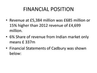 FINANCIAL POSITION
• Revenue at £5,384 million was £685 million or
15% higher than 2012 revenue of £4,699
million.
• 6% Share of revenue from Indian market only
means £ 337m
• Financial Statements of Cadbury was shown
below:
 