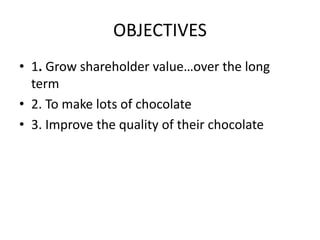 OBJECTIVES
• 1. Grow shareholder value…over the long
term
• 2. To make lots of chocolate
• 3. Improve the quality of their chocolate
 