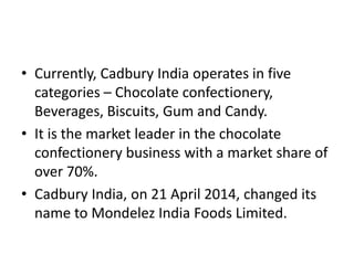 • Currently, Cadbury India operates in five
categories – Chocolate confectionery,
Beverages, Biscuits, Gum and Candy.
• It is the market leader in the chocolate
confectionery business with a market share of
over 70%.
• Cadbury India, on 21 April 2014, changed its
name to Mondelez India Foods Limited.
 