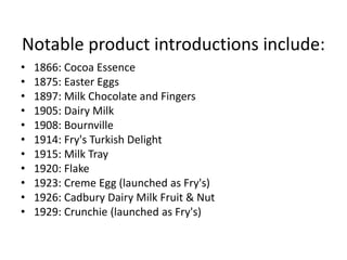 Notable product introductions include:
• 1866: Cocoa Essence
• 1875: Easter Eggs
• 1897: Milk Chocolate and Fingers
• 1905: Dairy Milk
• 1908: Bournville
• 1914: Fry's Turkish Delight
• 1915: Milk Tray
• 1920: Flake
• 1923: Creme Egg (launched as Fry's)
• 1926: Cadbury Dairy Milk Fruit & Nut
• 1929: Crunchie (launched as Fry's)
 