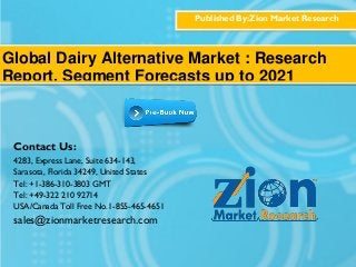 Published By:Zion Market Research
Global Dairy Alternative Market : Research
Report, Segment Forecasts up to 2021
Contact Us:
4283, Express Lane, Suite 634-143,
Sarasota, Florida 34249, United States
Tel: +1-386-310-3803 GMT
Tel: +49-322 210 92714
USA/Canada Toll Free No.1-855-465-4651
sales@zionmarketresearch.com
 