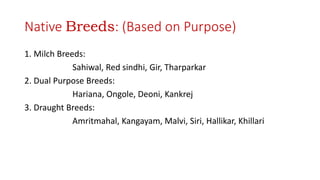Native Breeds: (Based on Purpose)
1. Milch Breeds:
Sahiwal, Red sindhi, Gir, Tharparkar
2. Dual Purpose Breeds:
Hariana, Ongole, Deoni, Kankrej
3. Draught Breeds:
Amritmahal, Kangayam, Malvi, Siri, Hallikar, Khillari
 